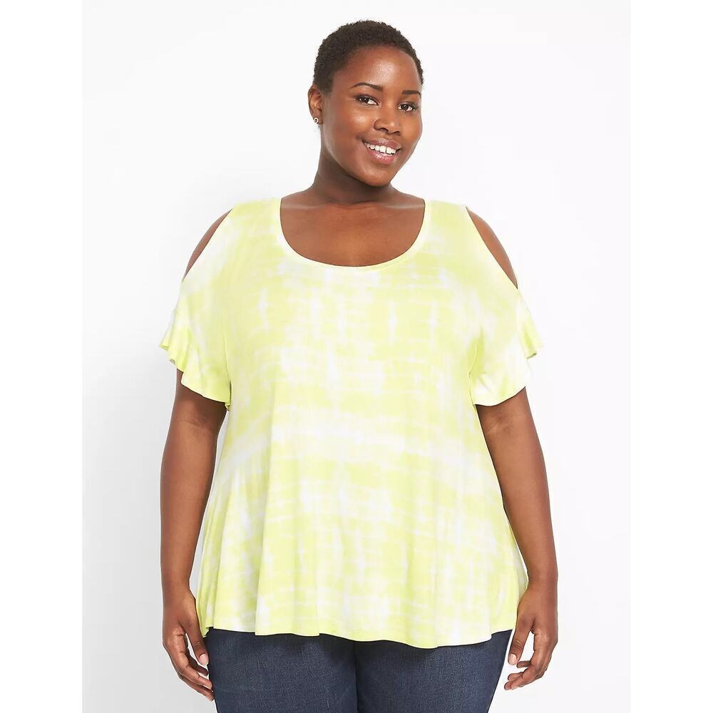 Size 2x Bright Yellow Tie Dye Swing Short- Sleeves Cold Shoulder Blouse Top